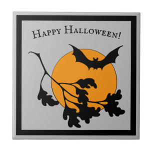 Vintage Halloween Orange Moon Flying Bats