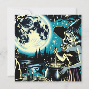 Vintage Halloween Witch agitando um Caldeirão