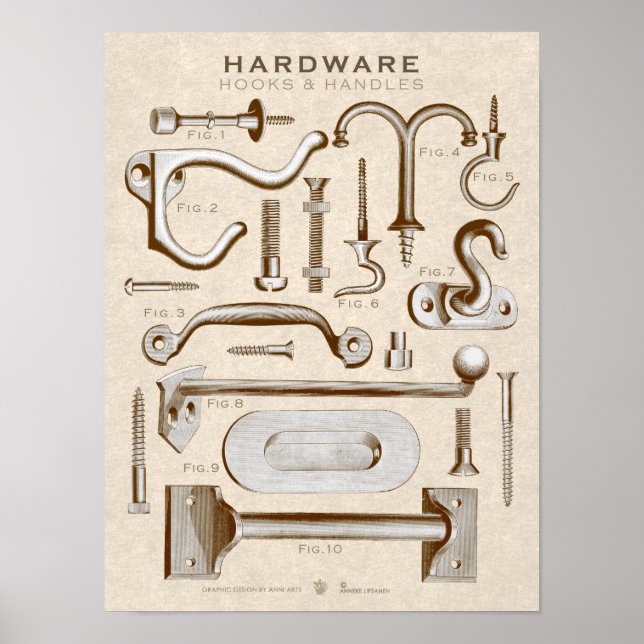 Vintage Hardware Poster Hooks-Handles AntiqueSepia (Frente)