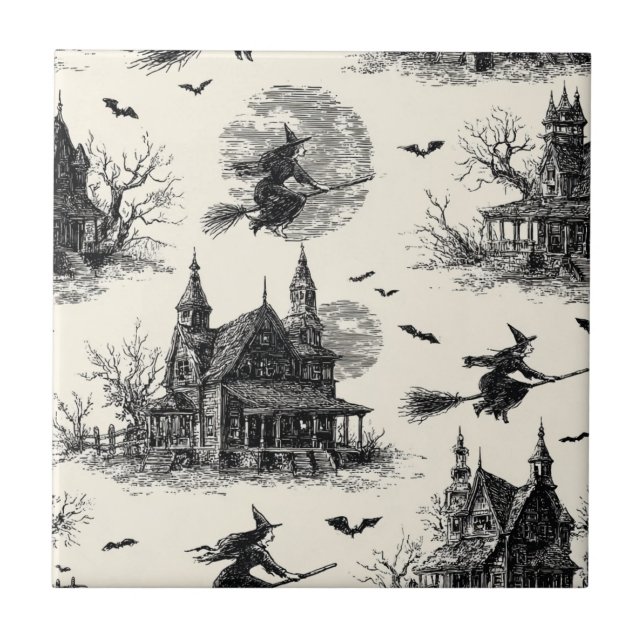 Vintage Haunted House and Witch Toile Pattern (2) (Frente)