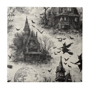 Vintage Haunted House and Witch Toile Standard