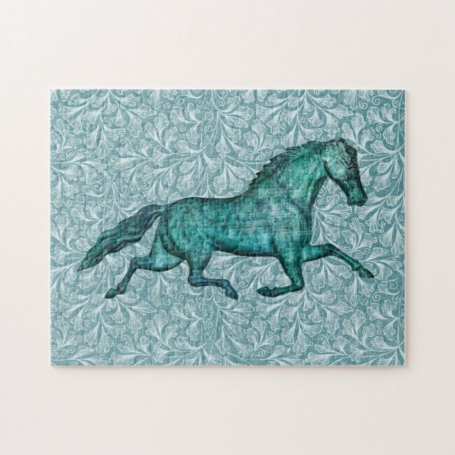 Vintage Horse Art Aqua Blue Quebra-cabeça (Horizontal)