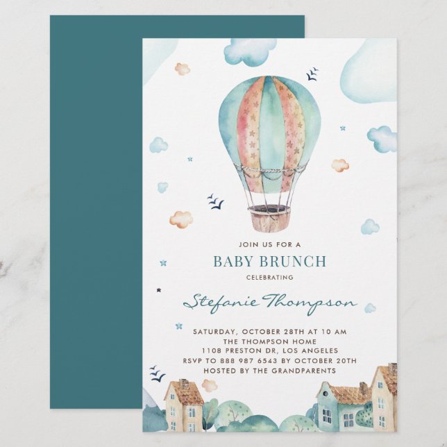 Vintage Hot Air Balloon Boy Baby Brunch Convite (Frente/Verso)
