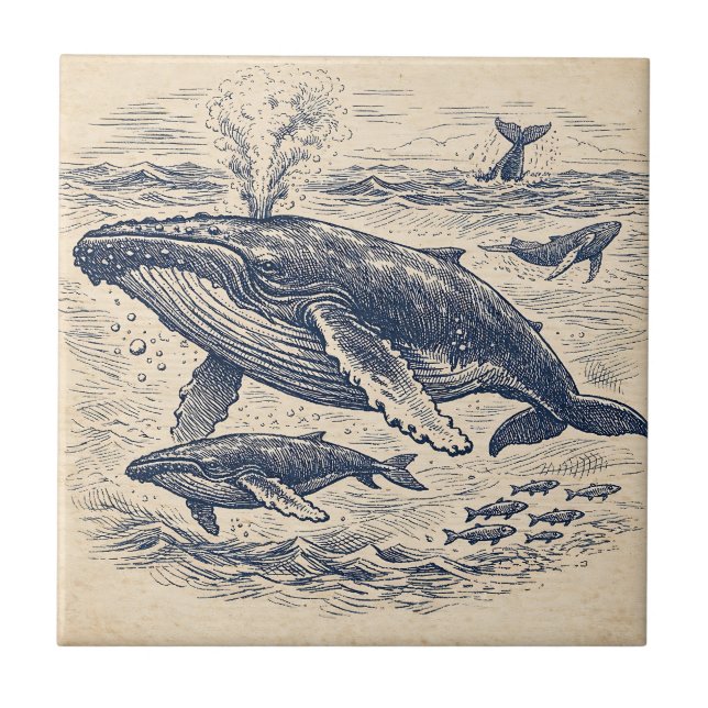 Vintage Humpback Whale Pod Engraving (Frente)