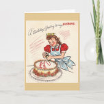Vintage Husband Birthday - Cartão de Saudação de A<br><div class="desc">Cartão de saudação de aniversário retrô/vintage.  Mulher adorável enfeitando um bolo de aniversário para o marido!  Uma saudação de aniversário ao meu marido!</div>