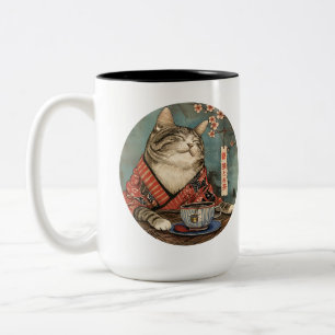 Vintage japense art Happy cat com uma xícara de ch