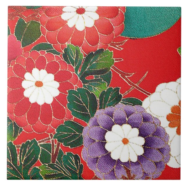Vintage Japonês Textil - Red Dahlias (Frente)