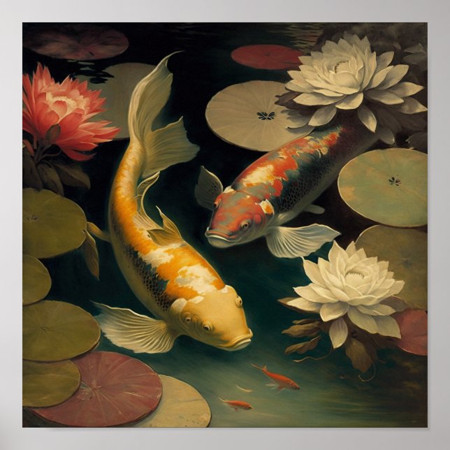 Vintage Koi Fish Pond Art Impressão (Frente)