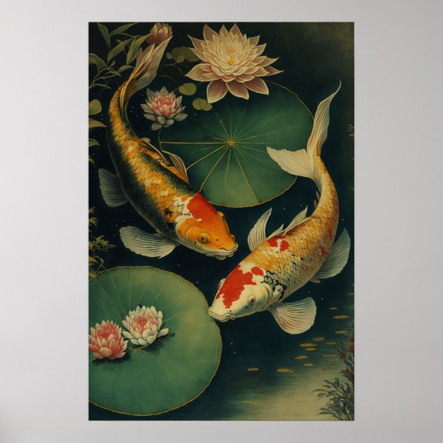 Vintage Koi Fish Pond Art Impressão (Frente)