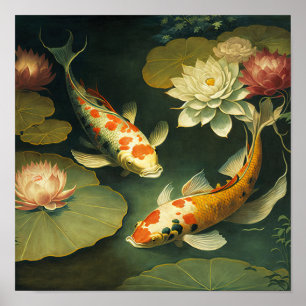 Vintage Koi Fish Pond Art Impressão