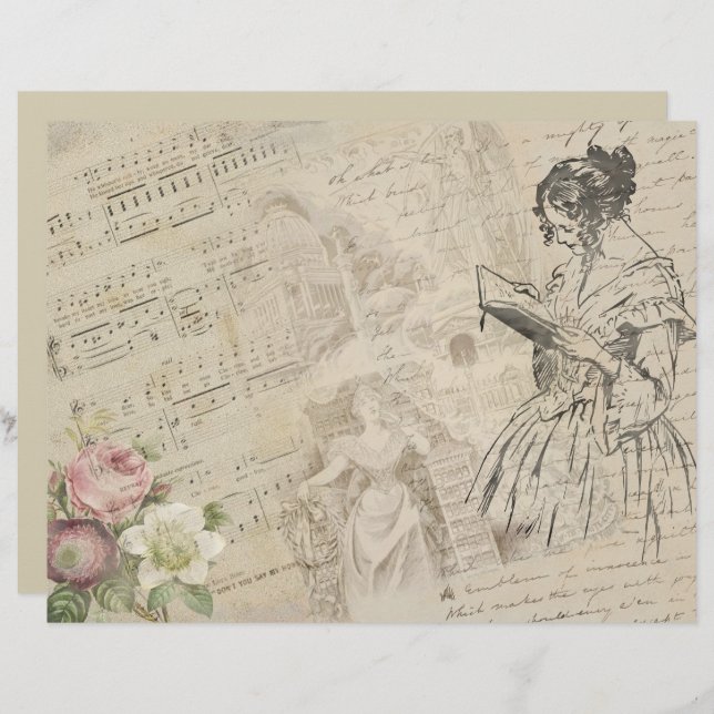 Vintage Lady Script Music Sheet Scrapbook Paper (Frente/Verso)