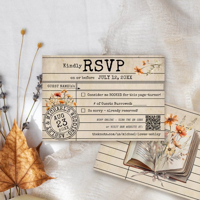 Vintage Library Card Books Fall Wedding RSVP Card (Vintage library card books theme watercolor fall floral Autumn wedding invitation QR code rsvp card)
