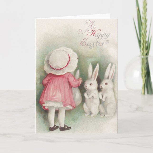 Vintage Little Girl And Easter Bunnies - Cartão De (Frente)