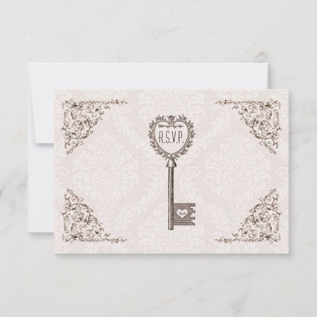 Vintage Love Key Wedding RSVP (Frente)