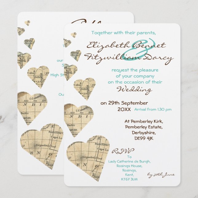 Vintage Map Hearts Wedding Convite (Frente/Verso)