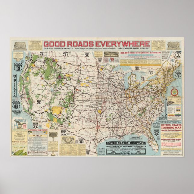 Vintage Map of US Highway System Poster (Frente)