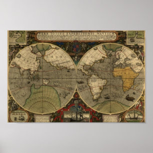 Vintage Map Poster - 1595 Hondius World Map