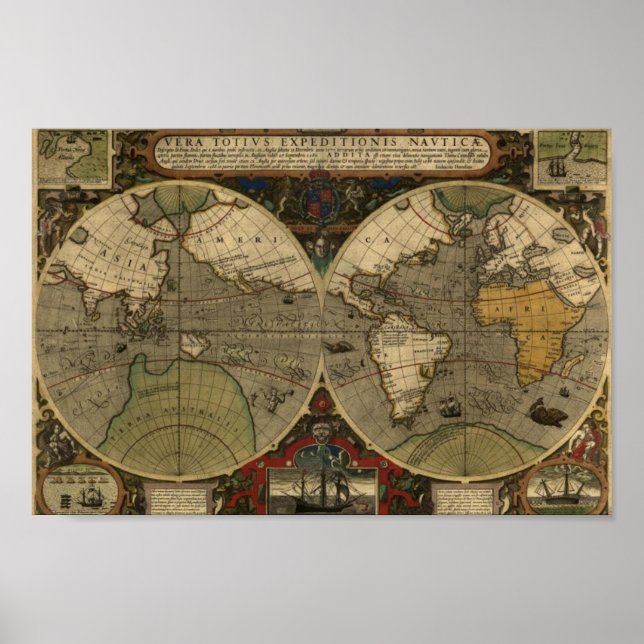 Vintage Map Poster - 1595 Hondius World Map (Frente)