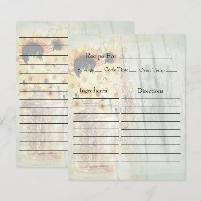 Vintage Mason Jar with Sunflowers Recipe Cards (Frente/Verso)