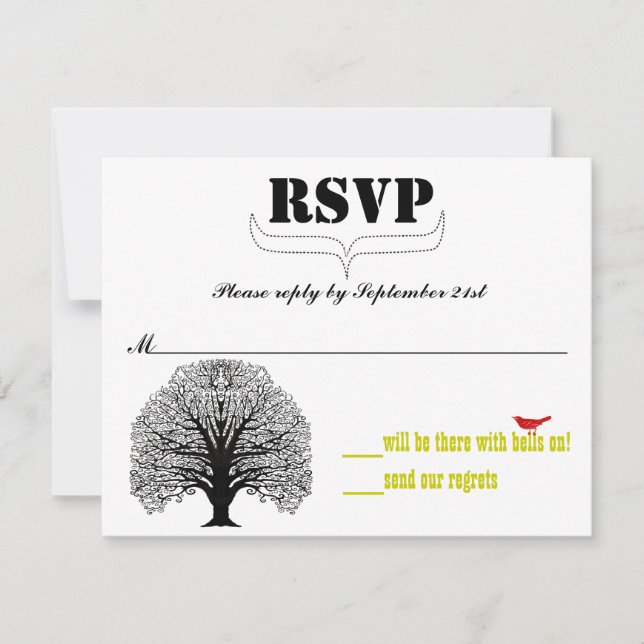 Vintage Modern Cute Swirl Tree Weding RSVP (Frente)
