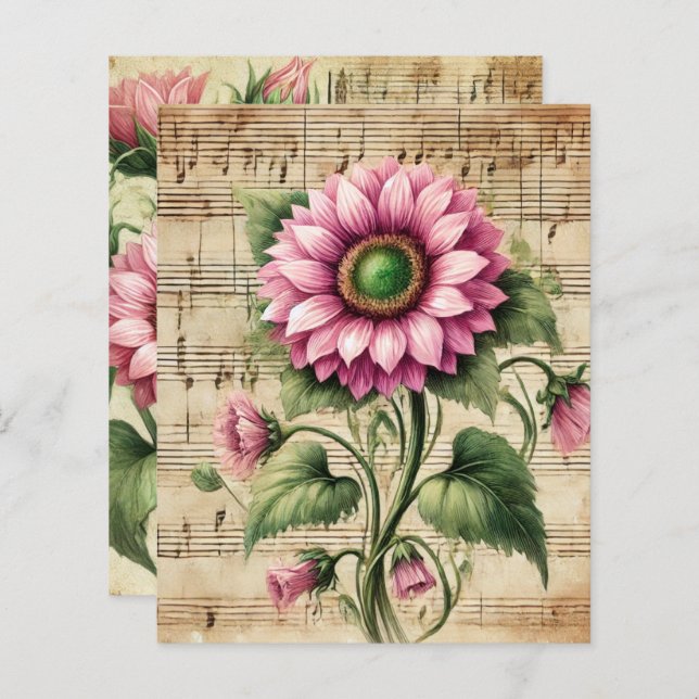 Vintage Music Pink & Green Sunflower Scrapbook (Frente/Verso)
