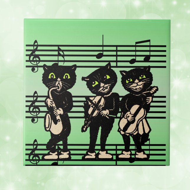 Vintage Musical Black Cats (Three black cats playing music instruments on sheet of music notes on green decorative ceramic tile.)
