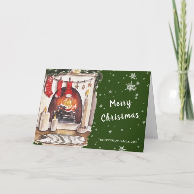 Vintage Natal | Cartões de natal de Lareira verde (Frente)