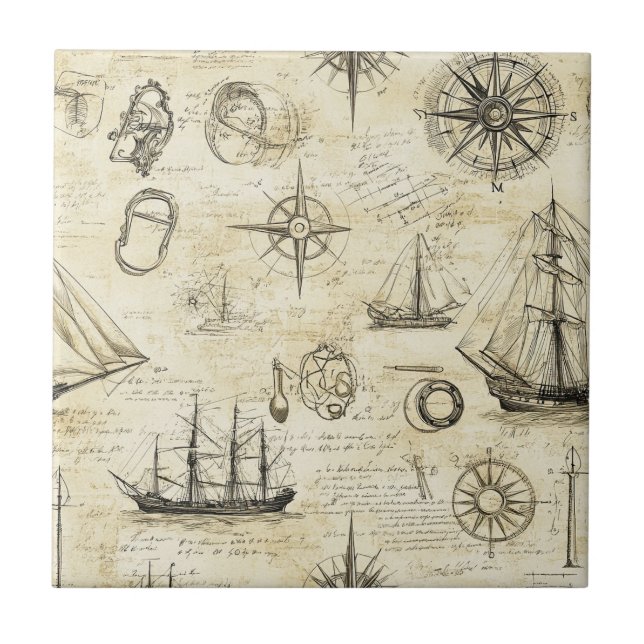 Vintage Nautical Map Pattern with Ships & Compass (Frente)