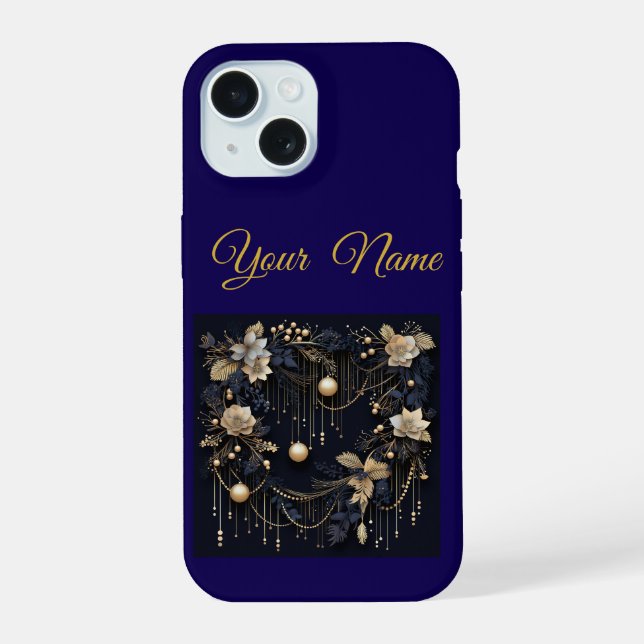 Vintage Navy Blue & Gold Christmas iPhone 15 Slim  (Verso)
