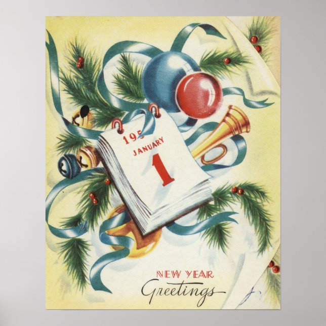 Vintage New Year Greetings Card Poster Circa 1950 (Frente)