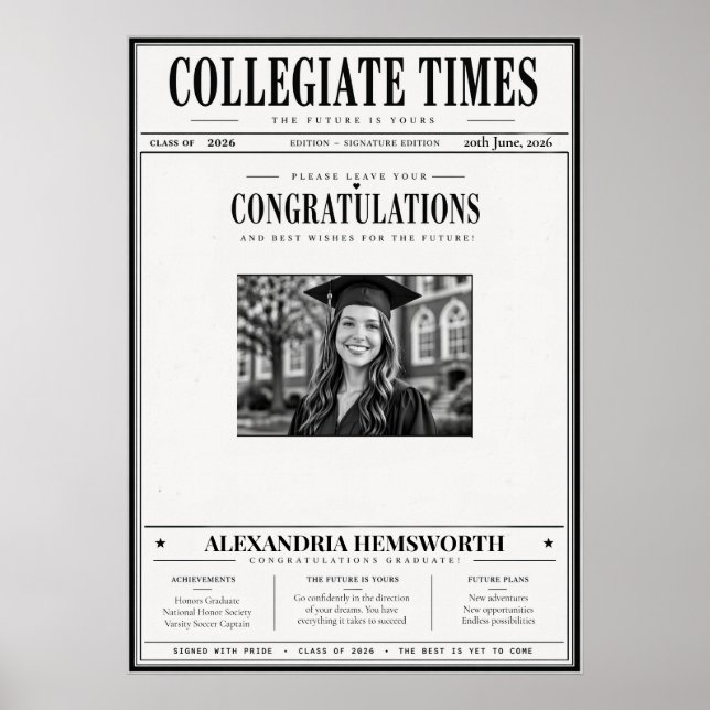 Vintage Newspaper Graduation Autograph Poster (Frente)