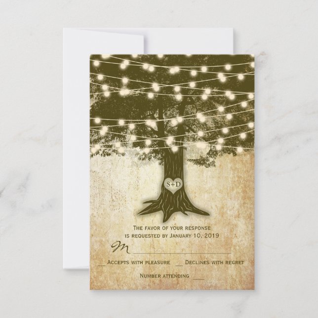 Vintage Oak Tree Rustic String Lights Weding RSVP (Frente)