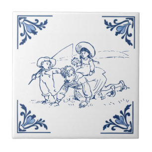 Vintage Padre & Crianças Tocando Azul e Branco Del