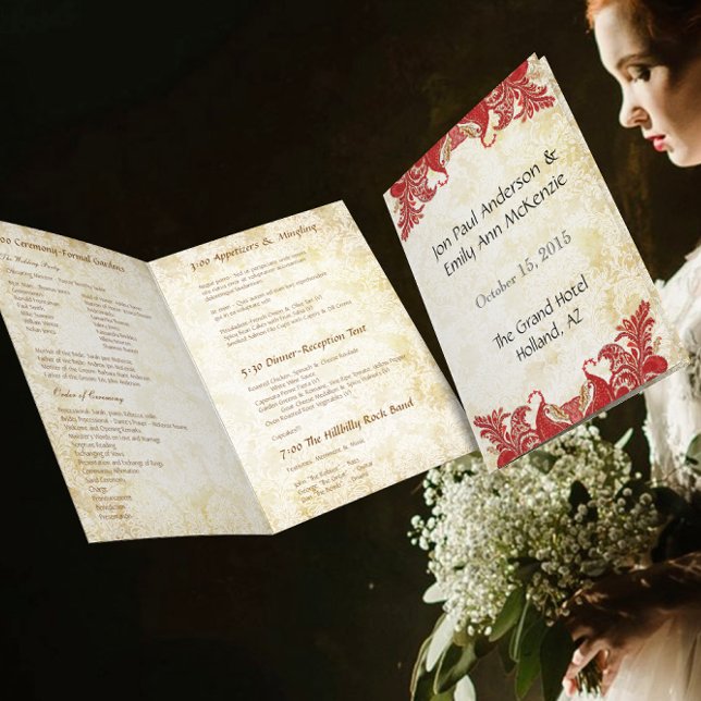 Vintage Paisley Peacock Red Wedding Program (Criador carregado)