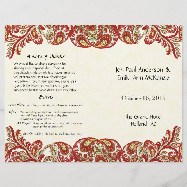 Vintage Paisley Peacock Red Wedding Program (Frente)