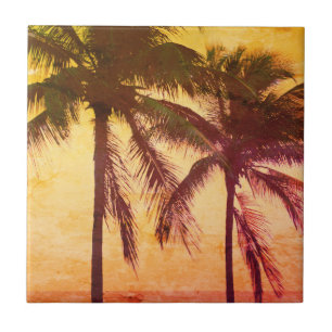 Vintage palm tree sunset Azulejo cerâmico