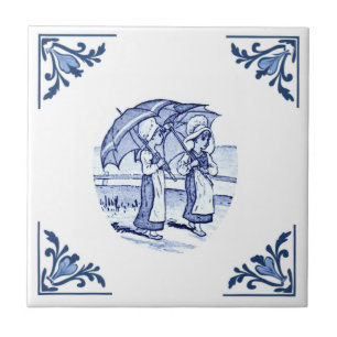 Vintage Parasol Girls Delft Corner Blue and White