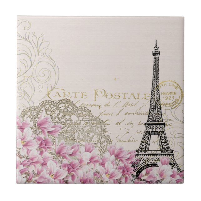 Vintage Paris Eiffel Tower Floral Art Illustration (Frente)