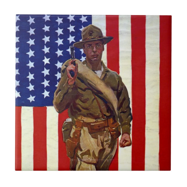 Vintage Patriotic Soldier com Bandeira Americana (Frente)