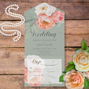Vintage Peach Peonies no Verde Sage Sem Janto