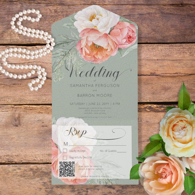 Vintage Peach Peonies on Sage Green QR Code (Criador carregado)
