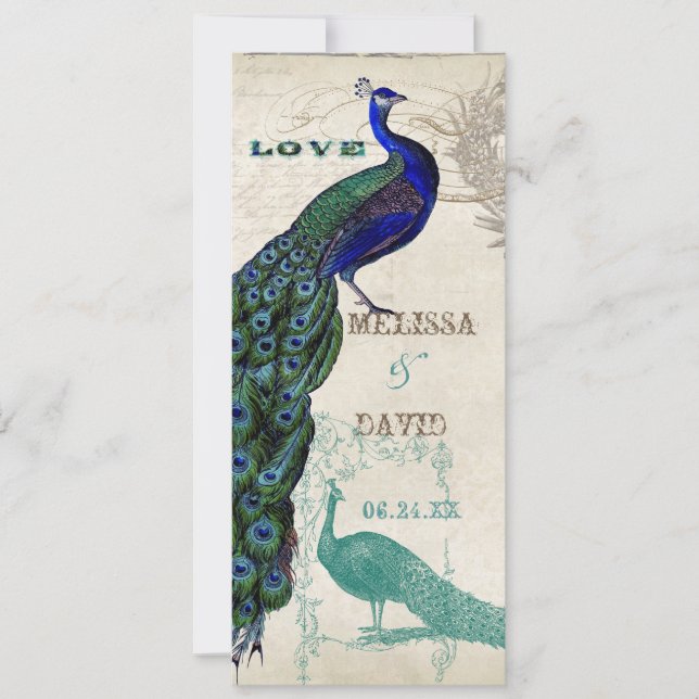 Vintage Peacock 5 - Convite Formal para Casamento (Frente)
