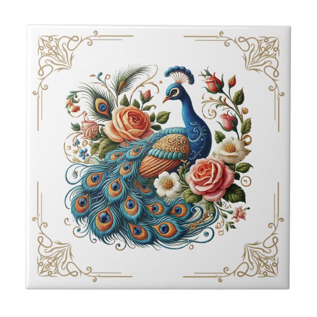 Vintage Peacock Bird Floral Art Azulejos cerâmicos (Frente)