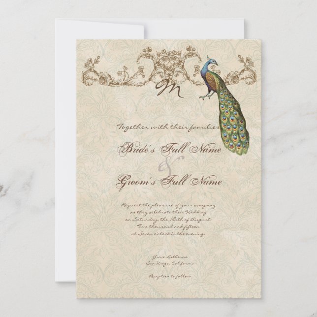 Vintage Peacock & Etchings Convite De Casamento (Frente)