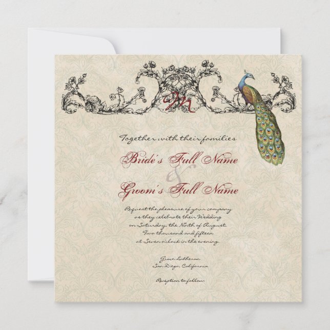 Vintage Peacock & Etchings Convite De Casamento (Frente)