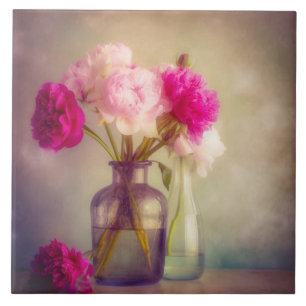 Vintage Peony Buquê em Vaso de Vidro