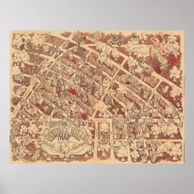 Vintage Pictorial Beverly Hills Map Poster 1974 (Frente)