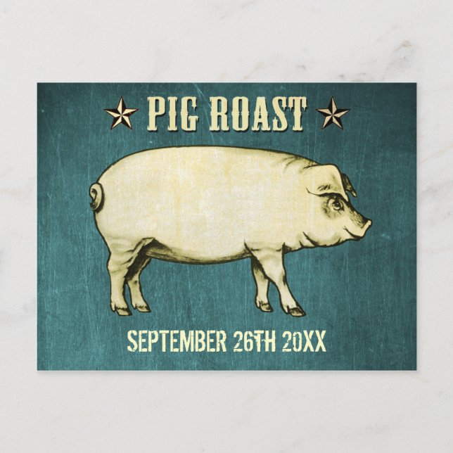 Vintage Pig Roast Postcard Convite II (Azul) (Frente)