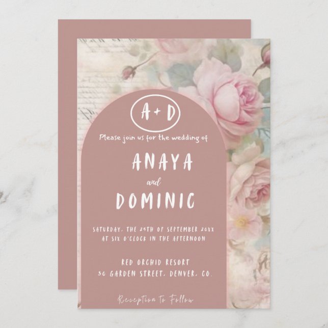 Vintage Pink Floral Wedation Convite (Frente/Verso)