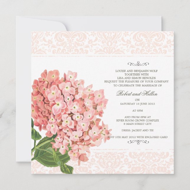 Vintage Pink Hydrangea Convite De Casamento (Frente)